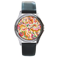 Sunshine Swirls Round Leather Watch (silver Rim) by KirstenStar