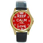 Keep Calm And Love Music 5739 Round Leather Watch (Gold Rim)  Front