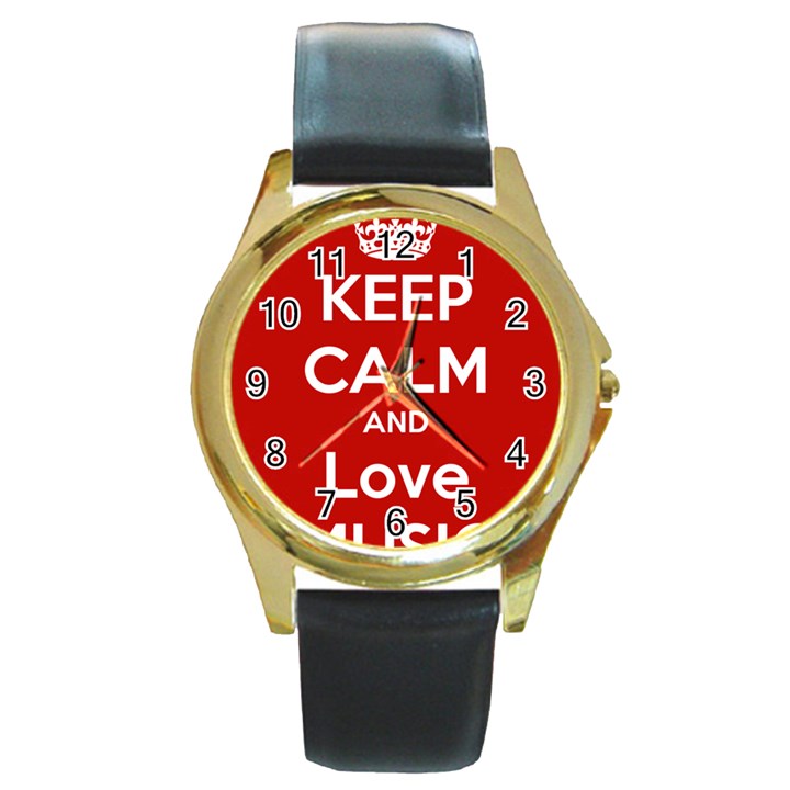 Keep Calm And Love Music 5739 Round Leather Watch (Gold Rim) 