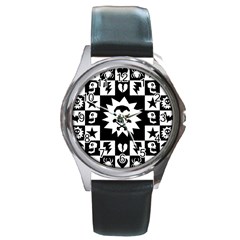 Goth Punk Skull Checkers Round Leather Watch (silver Rim) by ArtistRoseanneJones