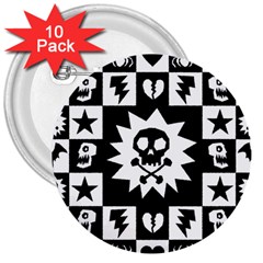 Goth Punk Skull Checkers 3  Button (10 Pack) by ArtistRoseanneJones