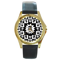 Goth Punk Skull Checkers Round Leather Watch (gold Rim)  by ArtistRoseanneJones