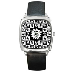 Goth Punk Skull Checkers Square Leather Watch by ArtistRoseanneJones