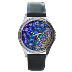 Blue Sunrise Fractal Round Metal Watch by KirstenStar