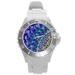 Blue Sunrise Fractal Round Plastic Sport Watch (l) by KirstenStar