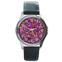 Purple Tribal Abstract Fish Round Leather Watch (silver Rim) by KirstenStar