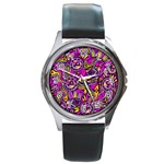 Purple Tribal Abstract Fish Round Leather Watch (Silver Rim) Front