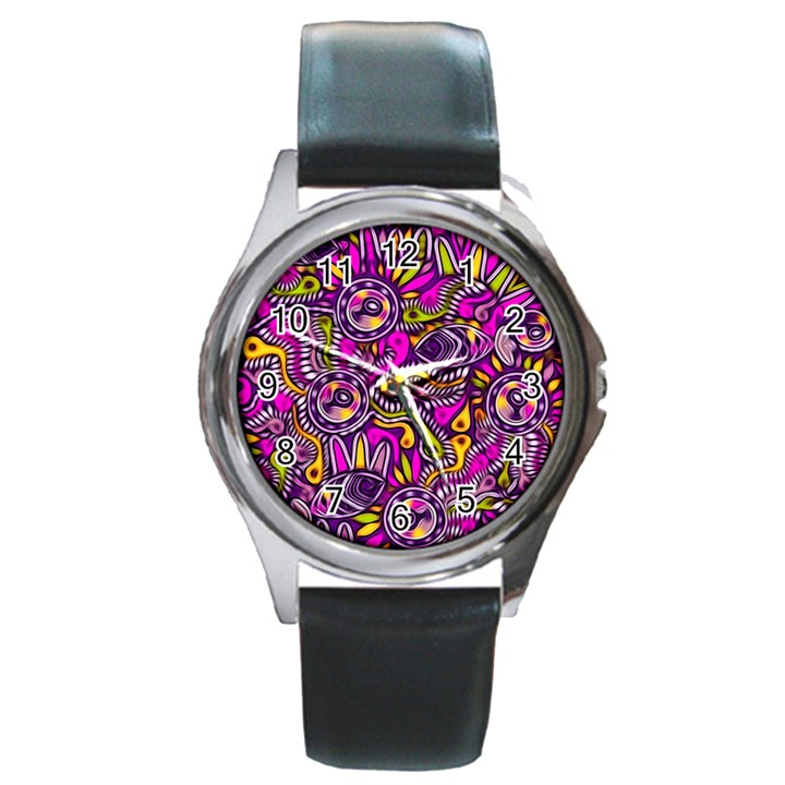 Purple Tribal Abstract Fish Round Leather Watch (Silver Rim)