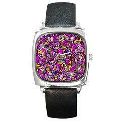 Purple Tribal Abstract Fish Square Leather Watch by KirstenStar