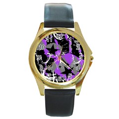 Purple Scene Kid Round Leather Watch (gold Rim)  by ArtistRoseanneJones