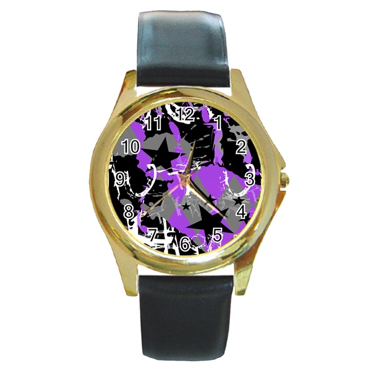 Purple Scene Kid Round Leather Watch (Gold Rim) 