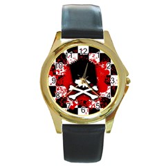 Emo Skull Round Leather Watch (gold Rim)  by ArtistRoseanneJones