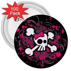 Girly Skull And Crossbones 3  Button (100 Pack)