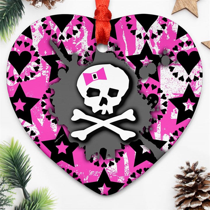 Pink Bow Skull Heart Ornament