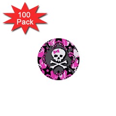 Pink Bow Skull 1  Mini Button (100 Pack) by ArtistRoseanneJones