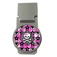 Pink Bow Skull Money Clip (round) by ArtistRoseanneJones