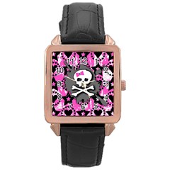 Pink Bow Skull Rose Gold Leather Watch  by ArtistRoseanneJones