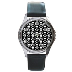 Skull And Crossbones Pattern Round Leather Watch (silver Rim) by ArtistRoseanneJones