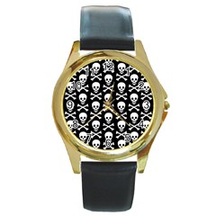 Skull And Crossbones Pattern Round Leather Watch (gold Rim)  by ArtistRoseanneJones