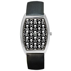 Skull And Crossbones Pattern Tonneau Leather Watch by ArtistRoseanneJones