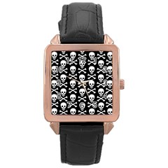 Skull And Crossbones Pattern Rose Gold Leather Watch  by ArtistRoseanneJones