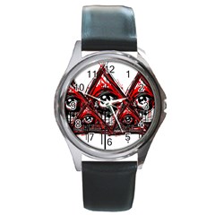 Red White Pyramids Round Leather Watch (silver Rim)