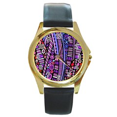 Stained Glass Tribal Pattern Round Leather Watch (gold Rim)  by KirstenStar