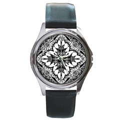 Doodle Cross  Round Leather Watch (silver Rim) by KirstenStar