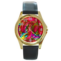 Music Festival Round Leather Watch (gold Rim)  by icarusismartdesigns