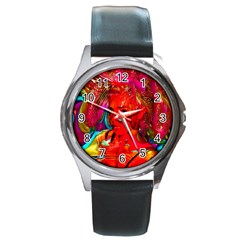 Mardi Gras Round Leather Watch (silver Rim) by icarusismartdesigns