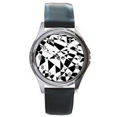 Shattered Life In Black & White Round Leather Watch (silver Rim) by StuffOrSomething