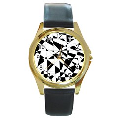 Shattered Life In Black & White Round Leather Watch (gold Rim) 