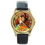 Robot Connection Round Leather Watch (Gold Rim)  Front