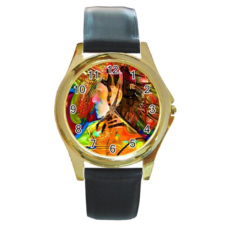 Robot Connection Round Leather Watch (Gold Rim) 