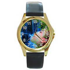 Fountain Of Youth Round Leather Watch (gold Rim)  by icarusismartdesigns