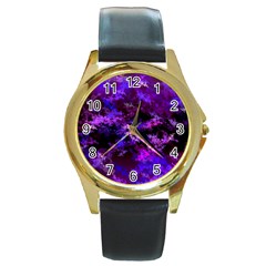 Purple Skulls Goth Storm Round Leather Watch (gold Rim) 