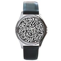 Black And White Blots Round Leather Watch (silver Rim) by KirstenStar