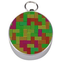 Colorful Stripes And Squares Silver Compass by LalyLauraFLM