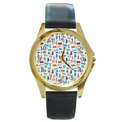 Blue Colorful Cats Silhouettes Pattern Round Gold Metal Watches