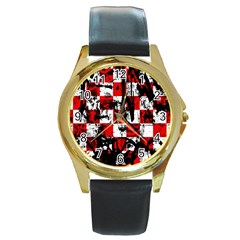 Emo Checker Graffiti Round Gold Metal Watches