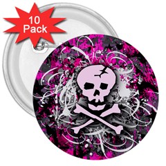 Pink Skull Splatter 3  Buttons (10 Pack)  by ArtistRoseanneJones