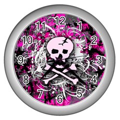 Pink Skull Splatter Wall Clocks (silver) 