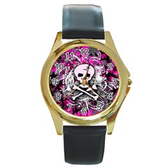 Pink Skull Splatter Round Gold Metal Watches