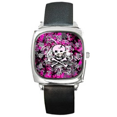 Pink Skull Splatter Square Metal Watches by ArtistRoseanneJones