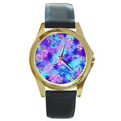 Blue And Purple Marble Waves Round Gold Metal Watches by KirstenStar