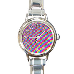 Crazy Yellow And Pink Pattern Round Italian Charm Watches by KirstenStar