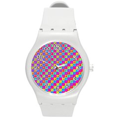 Crazy Yellow And Pink Pattern Round Plastic Sport Watch (m)