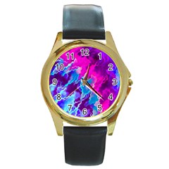 Stormy Pink Purple Teal Artwork Round Gold Metal Watches