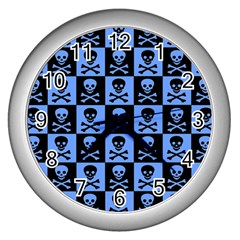 Blue Skull Checkerboard Wall Clocks (Silver) 