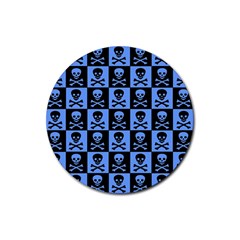 Blue Skull Checkerboard Rubber Coaster (round)  by ArtistRoseanneJones